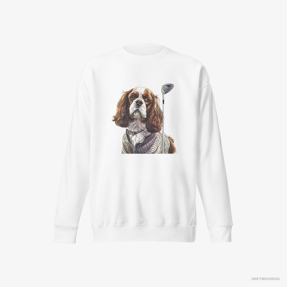 Cavalier King Charles Spaniel Sweatshirt – Men White Sweatshirt Eco-Friendly – with Golf on the Mind (on White Background)