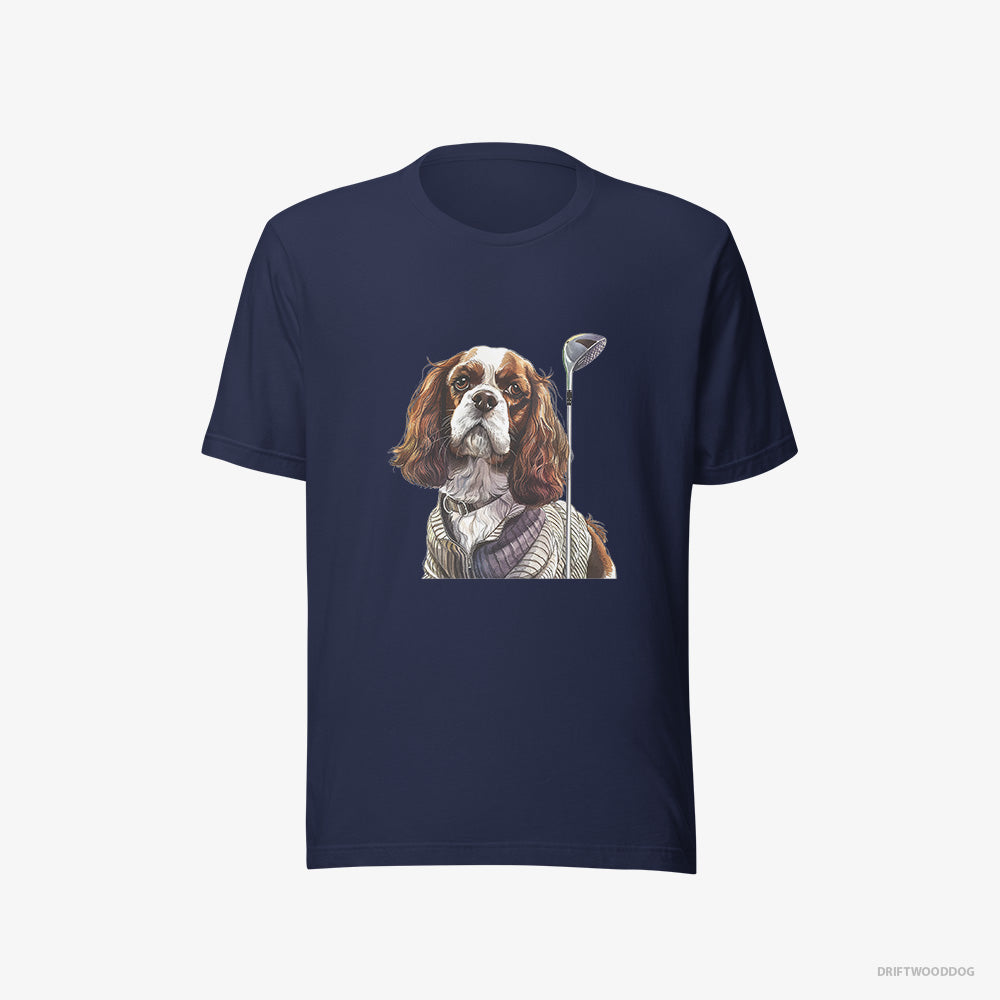 Cavalier King Charles Spaniel T-Shirt – Women Navy T-Shirt Eco-Friendly – with Golf on the Mind (on White Background)