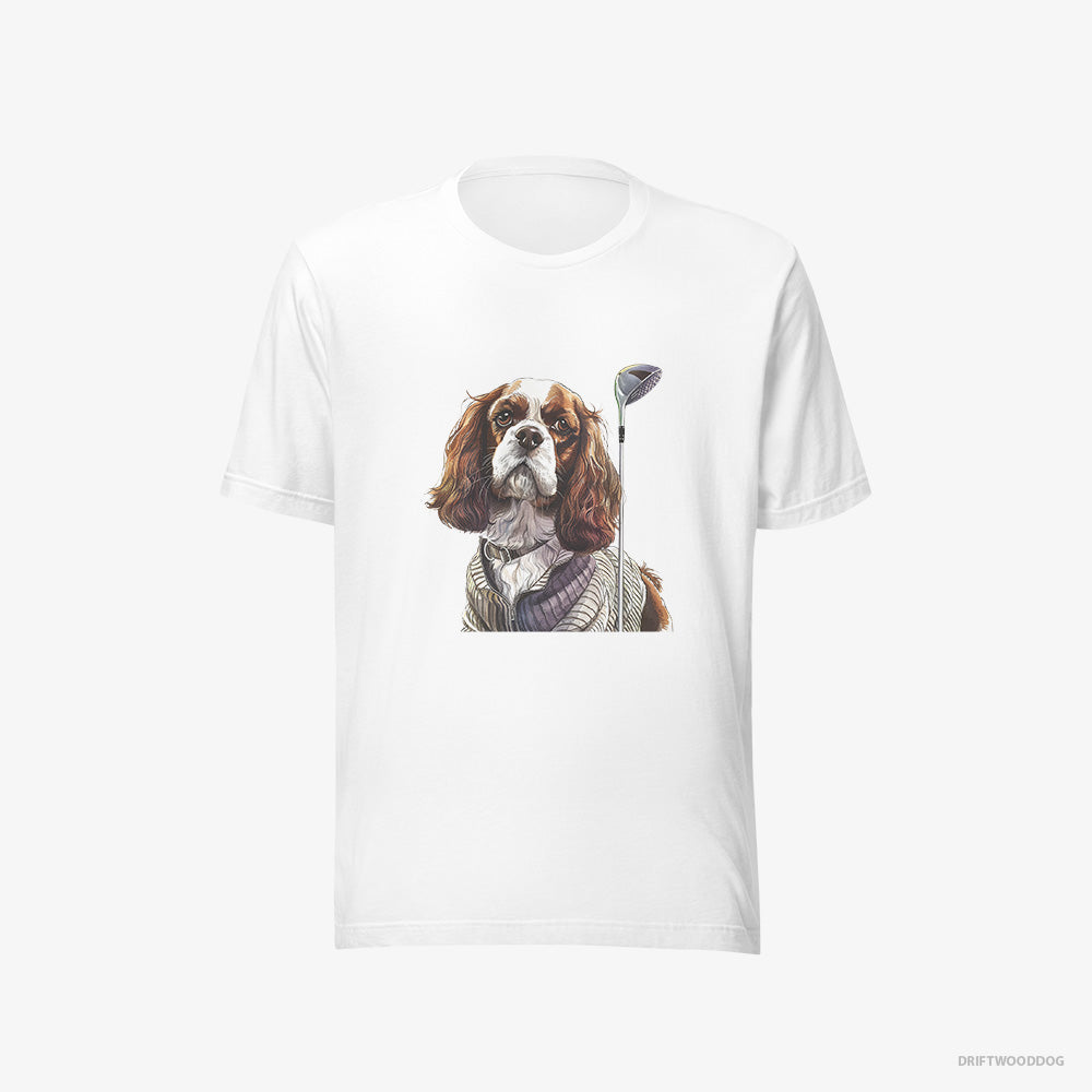 Cavalier King Charles Spaniel T-Shirt – Men White T-Shirt Eco-Friendly – with Golf on the Mind (on White Background)