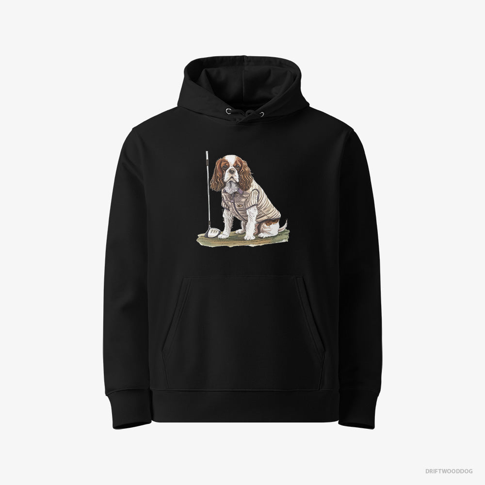 Cavalier King Charles Spaniel Hoodie – Women Black Hoodie Eco-Friendly – Playing Golf (on White Background)