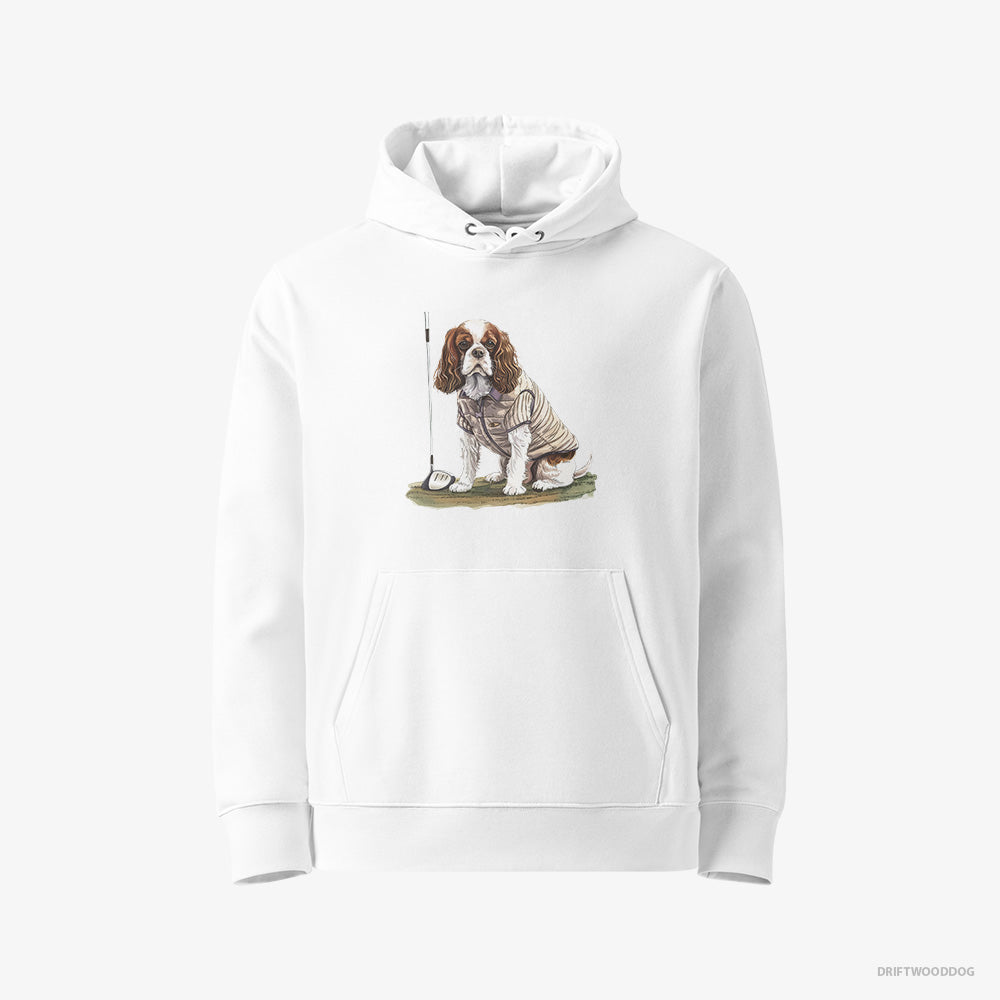 Cavalier King Charles Spaniel Hoodie – Men White Hoodie Eco-Friendly – Playing Golf (on White Background)