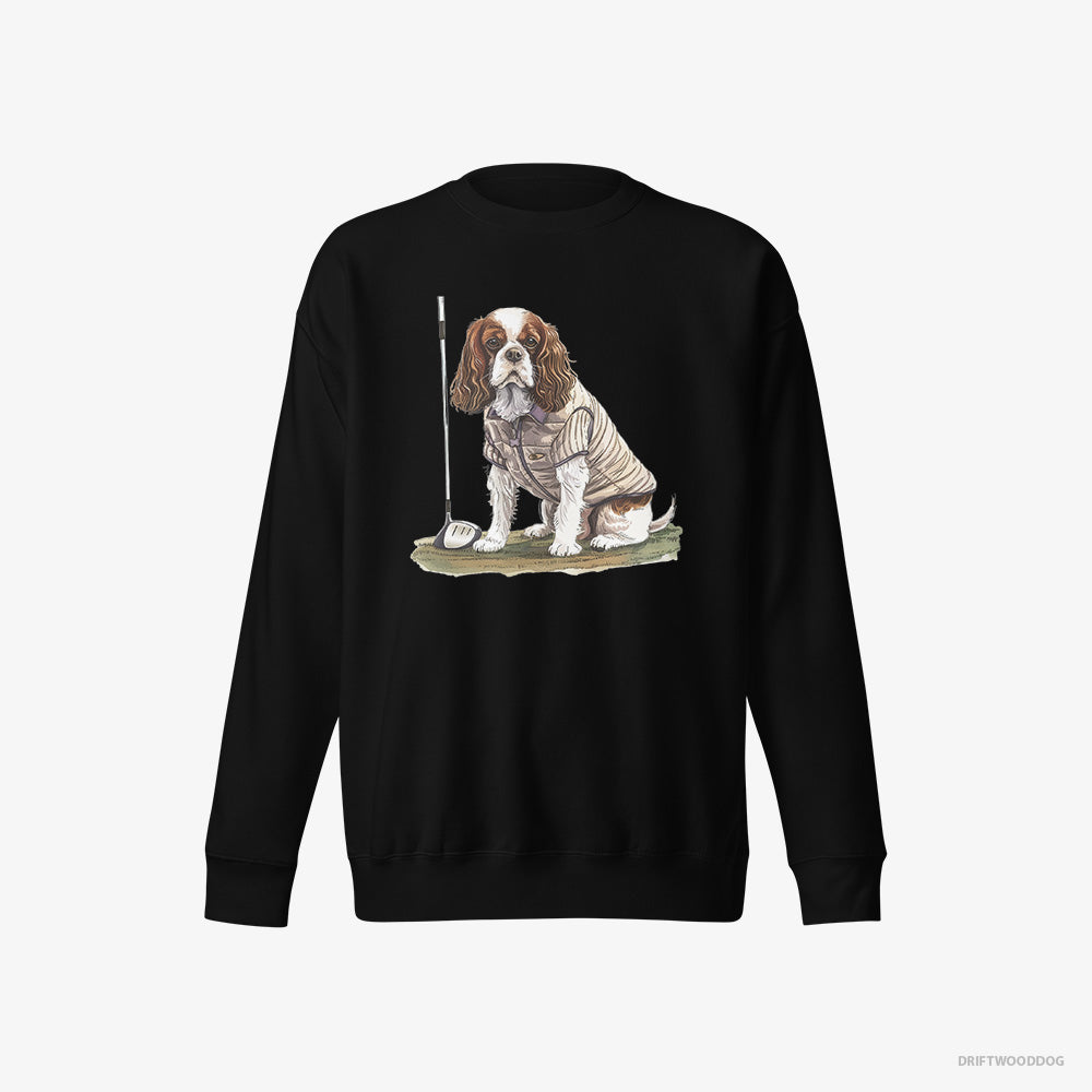 Cavalier King Charles Spaniel Sweatshirt – Women Black Sweatshirt Eco-Friendly – Playing Golf (on White Background)