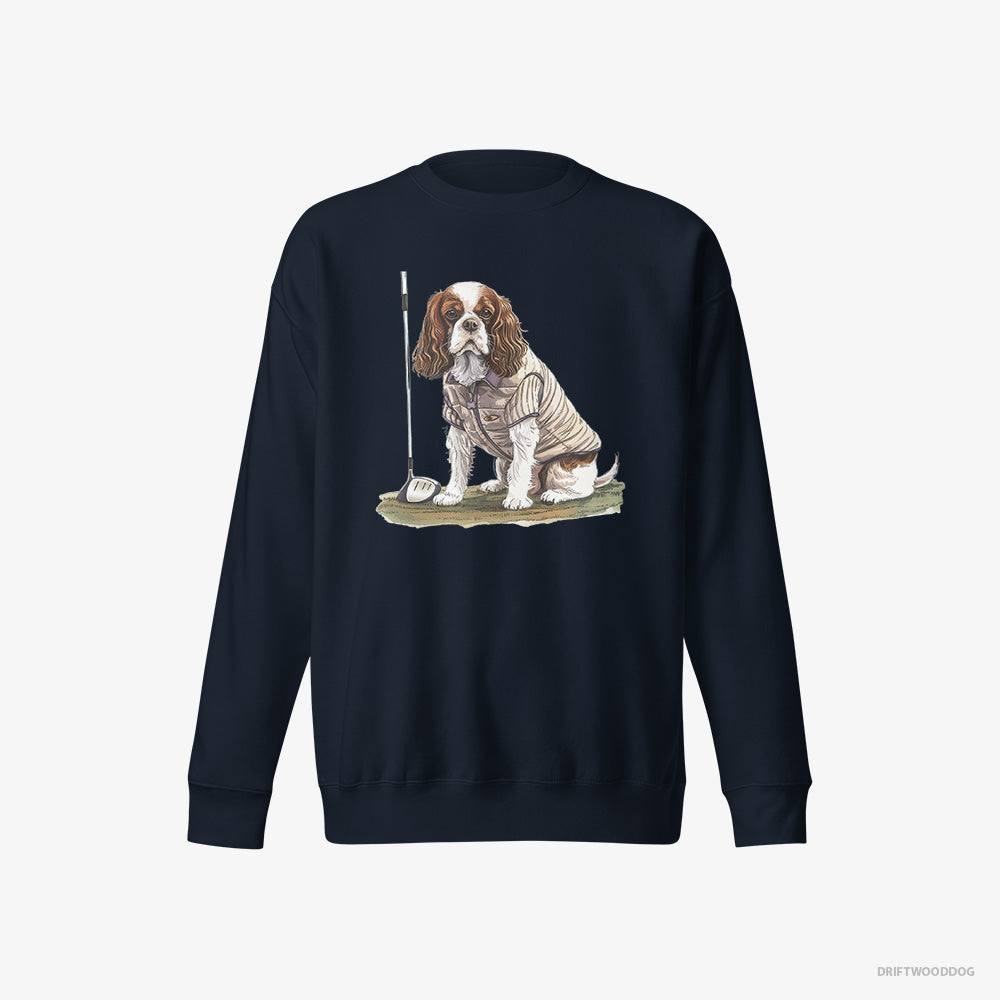 Cavalier King Charles Spaniel Sweatshirt – Women Navy Sweatshirt Eco-Friendly – Playing Golf (on White Background)