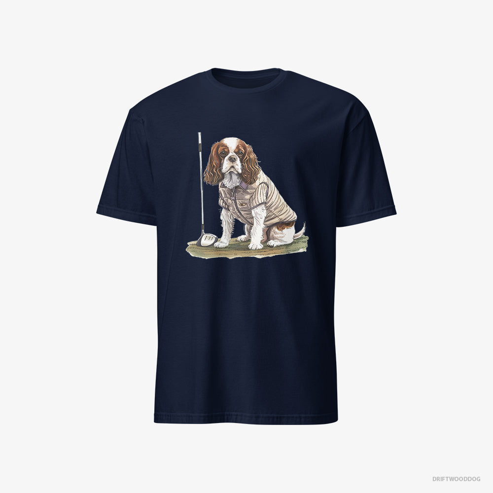 Cavalier King Charles Spaniel T-Shirt – Men Navy T-Shirt Classic – Playing Golf (on White Background)