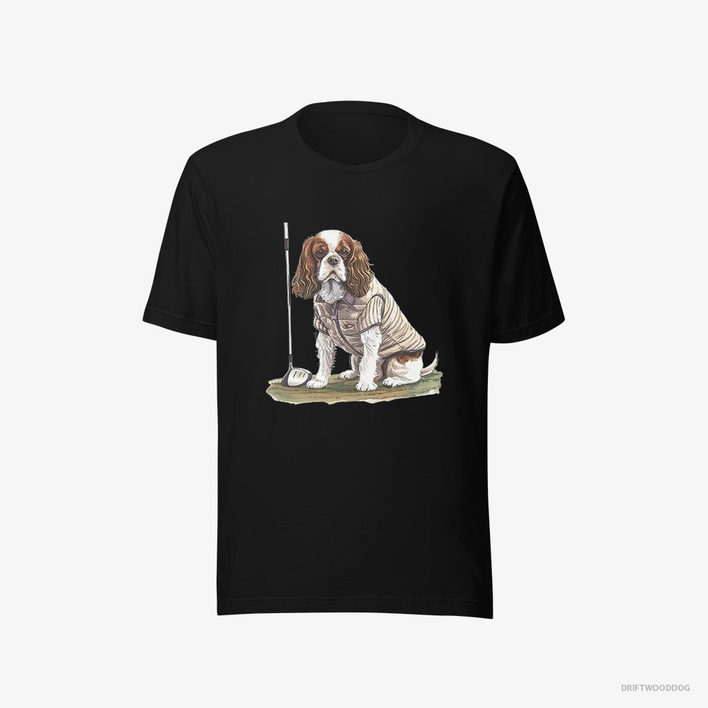 Cavalier King Charles Spaniel T-Shirt – Men Black T-Shirt Eco-Friendly – Playing Golf (on White Background)