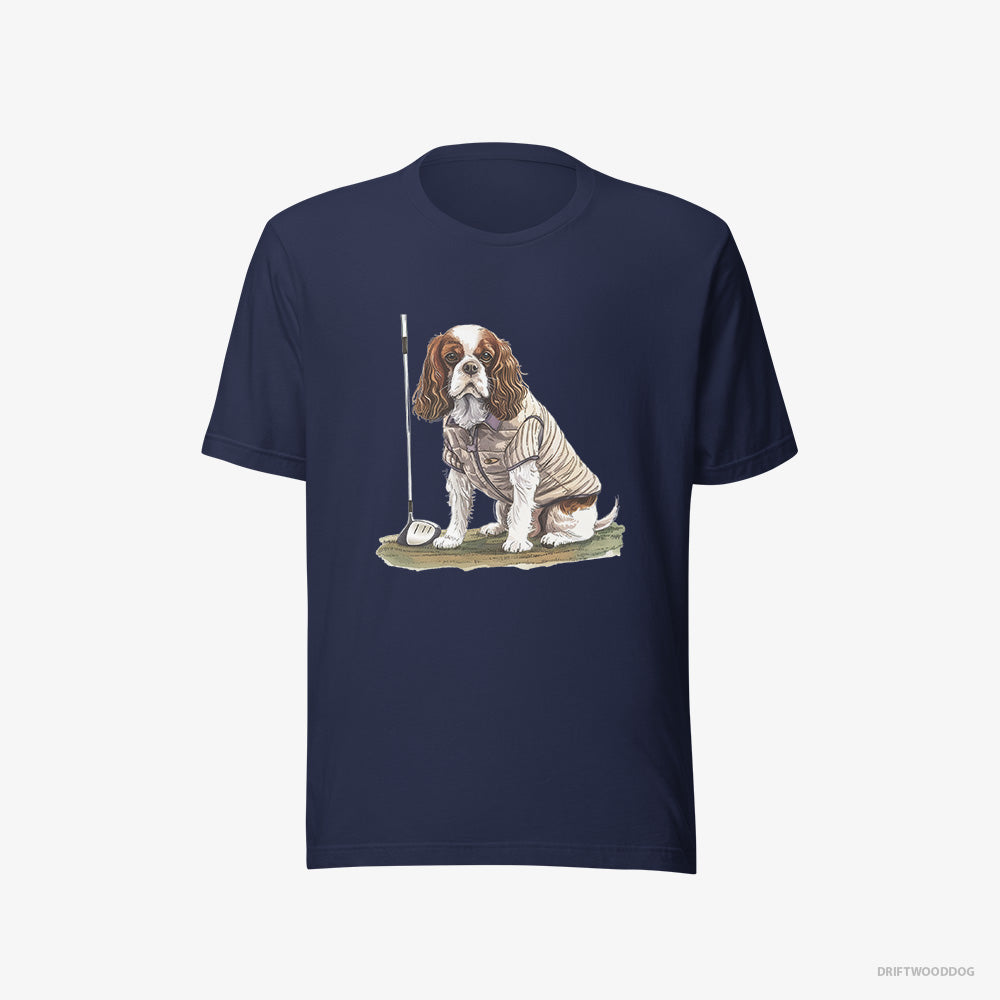 Cavalier King Charles Spaniel T-Shirt – Women Navy T-Shirt Eco-Friendly – Playing Golf (on White Background)