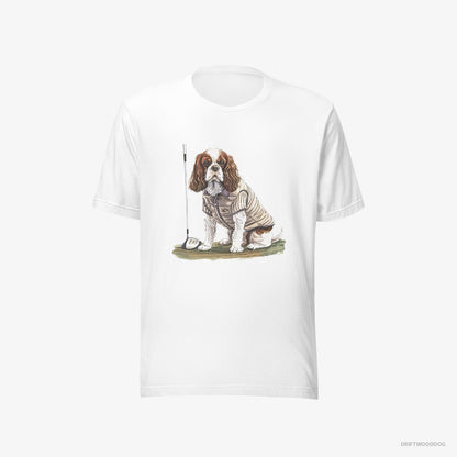 Cavalier King Charles Spaniel T-Shirt – Men White T-Shirt Eco-Friendly – Playing Golf (on White Background)