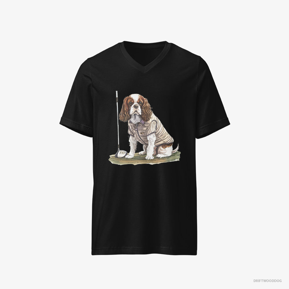 Cavalier King Charles Spaniel T-Shirt – Men Black T-Shirt V-Neck – Playing Golf (on White Background)