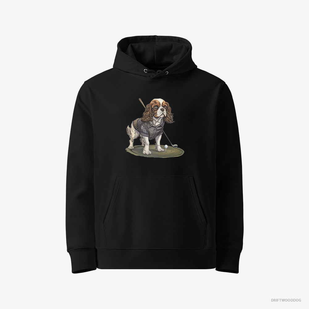 Cavalier King Charles Spaniel Hoodie – Women Black Hoodie Eco-Friendly – Mastering the Golf Swing (on White Background)