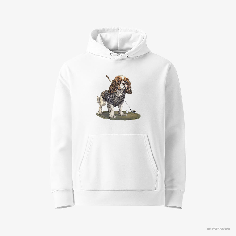 Cavalier King Charles Spaniel Hoodie – Men White Hoodie Eco-Friendly – Mastering the Golf Swing (on White Background)