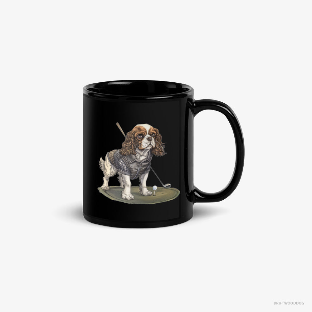 Cavalier King Charles Spaniel Mug – Unisex Black Mug Classic – Mastering the Golf Swing (on White Background)