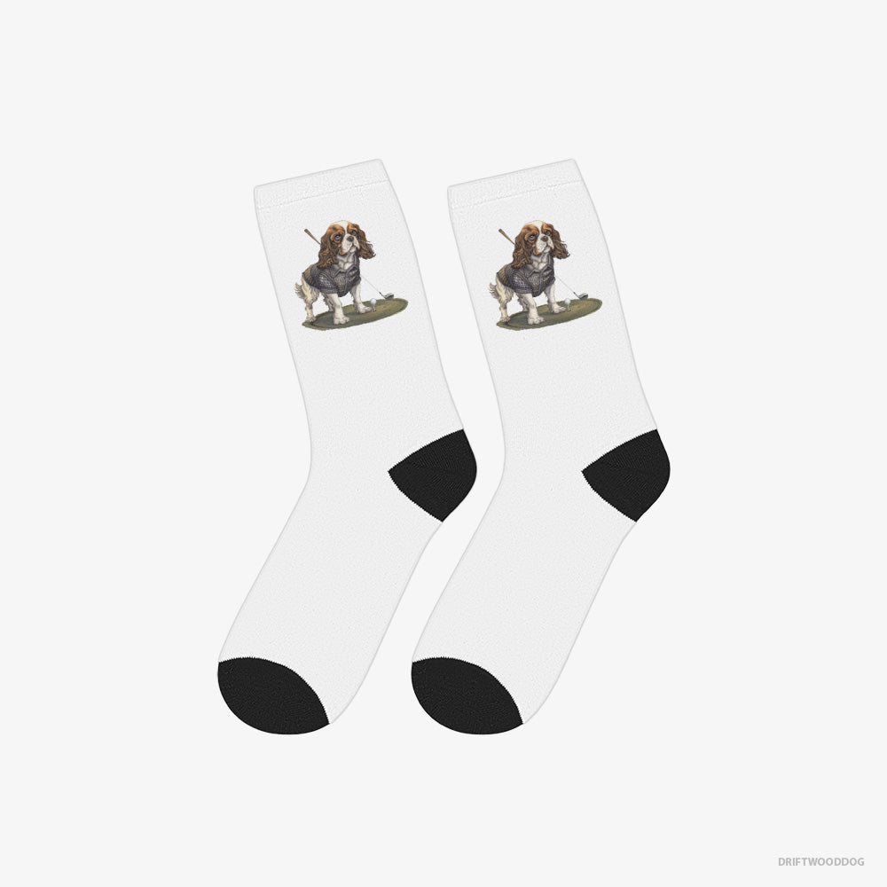 Cavalier King Charles Spaniel Socks – Unisex White Socks Classic – Mastering the Golf Swing (on White Background)