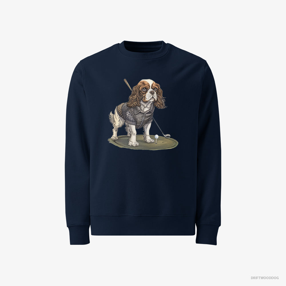 Cavalier King Charles Spaniel Sweatshirt – Men Navy Sweatshirt Classic – Mastering the Golf Swing (on White Background)