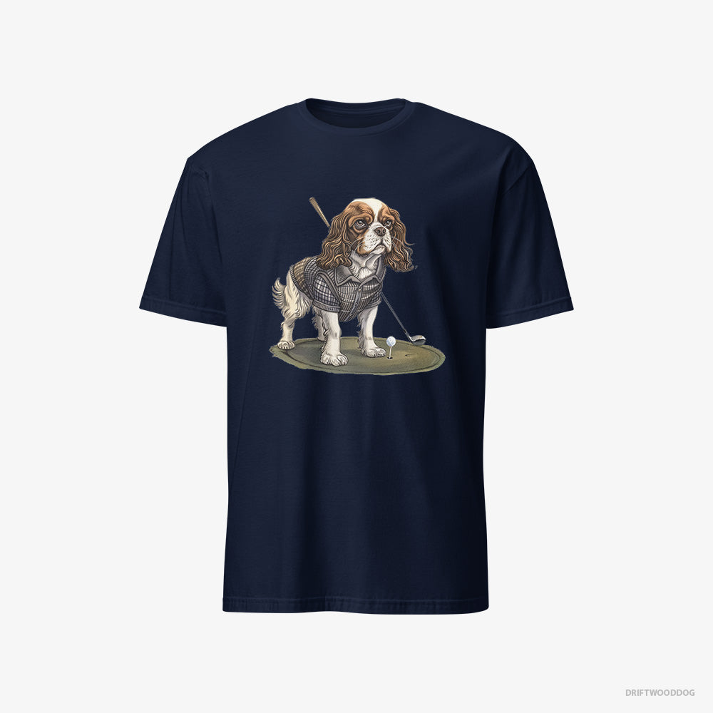 Cavalier King Charles Spaniel T-Shirt – Men Navy T-Shirt Classic – Mastering the Golf Swing (on White Background)