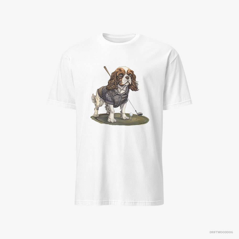 Cavalier King Charles Spaniel T-Shirt – Men White T-Shirt Classic – Mastering the Golf Swing (on White Background)