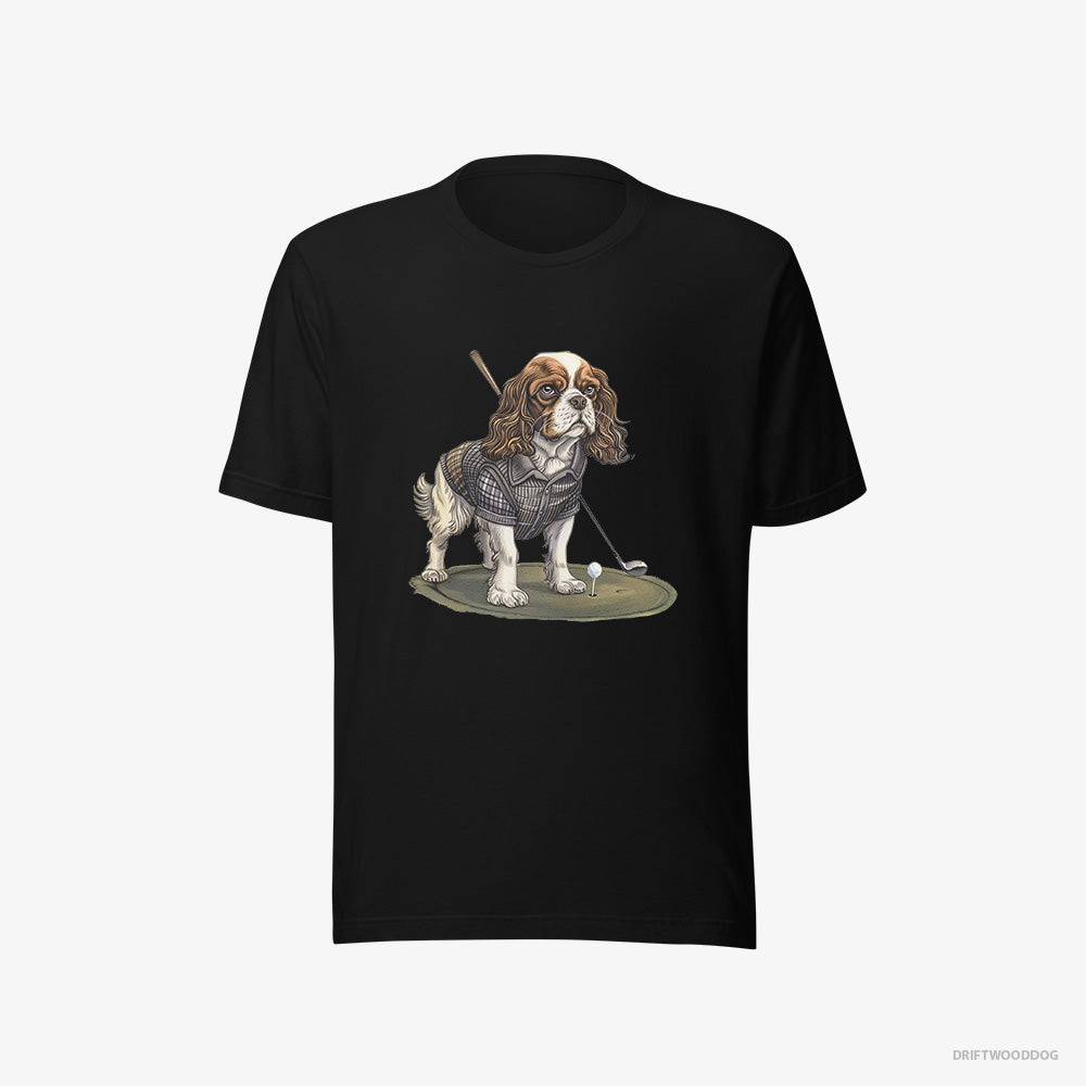 Cavalier King Charles Spaniel T-Shirt – Men Black T-Shirt Eco-Friendly – Mastering the Golf Swing (on White Background)