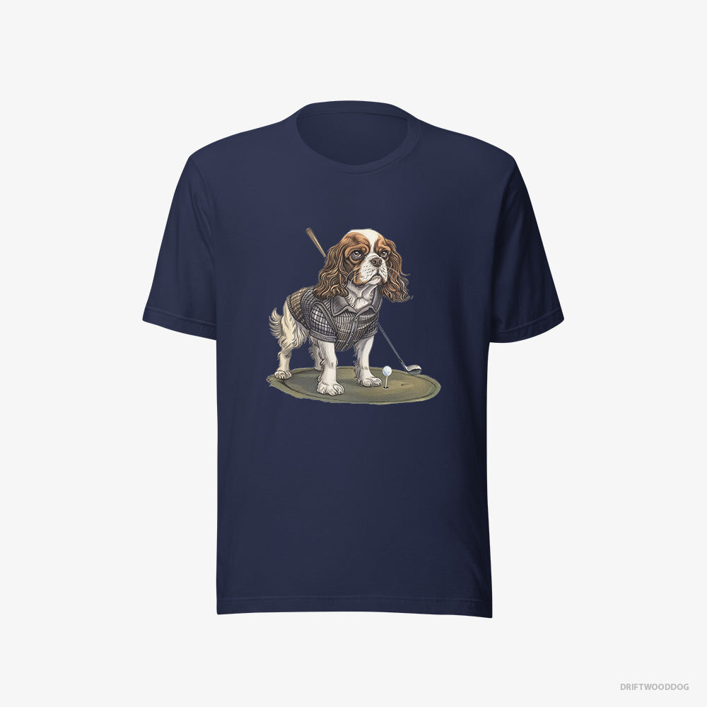 Cavalier King Charles Spaniel T-Shirt – Men Navy T-Shirt Eco-Friendly – Mastering the Golf Swing (on White Background)