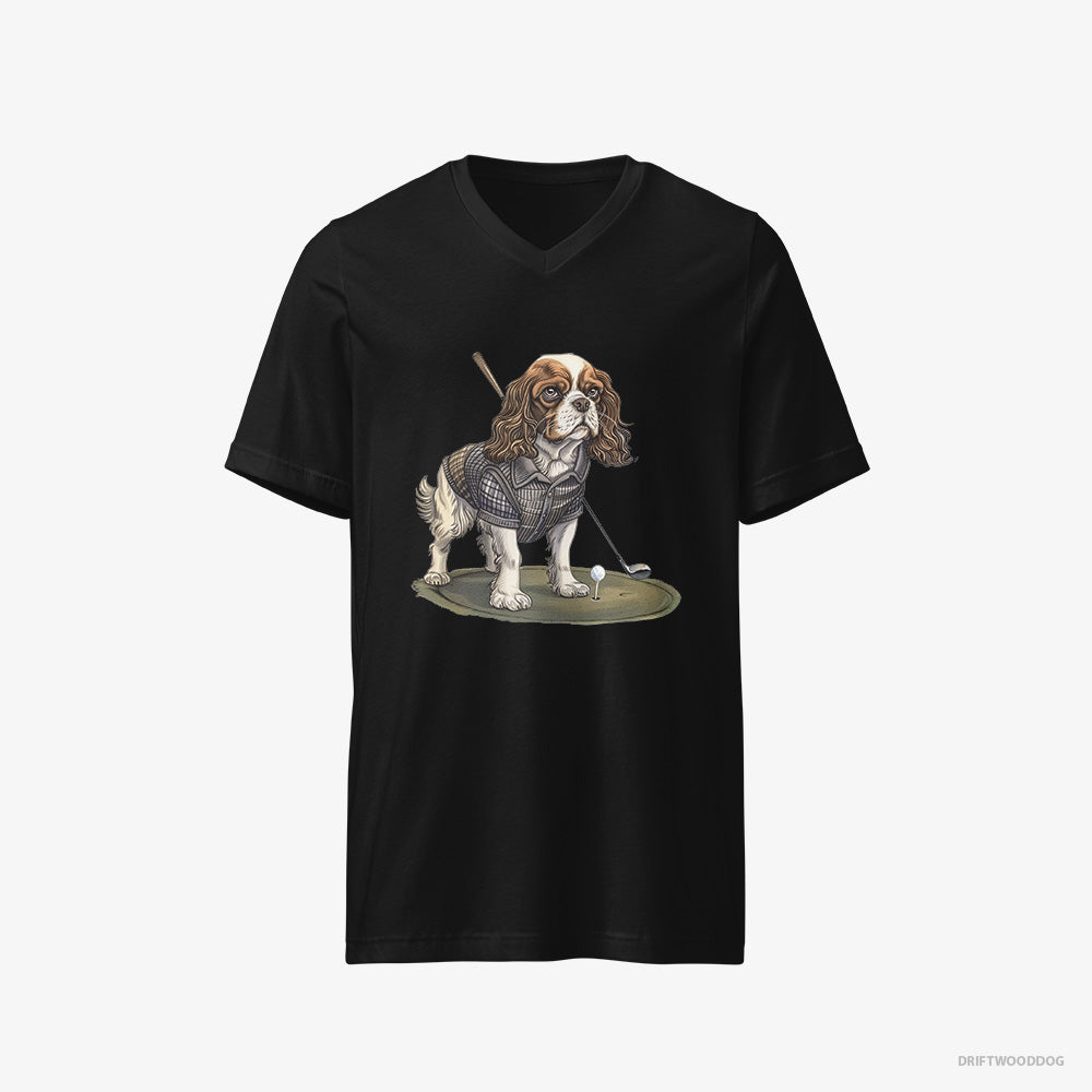 Cavalier King Charles Spaniel T-Shirt – Men Black T-Shirt V-Neck – Mastering the Golf Swing (on White Background)