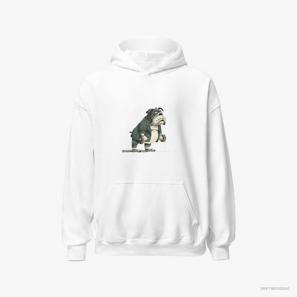 Bulldog Hoodie – Men White Hoodie Classic – Working Out with Dumbbells (on White Background)