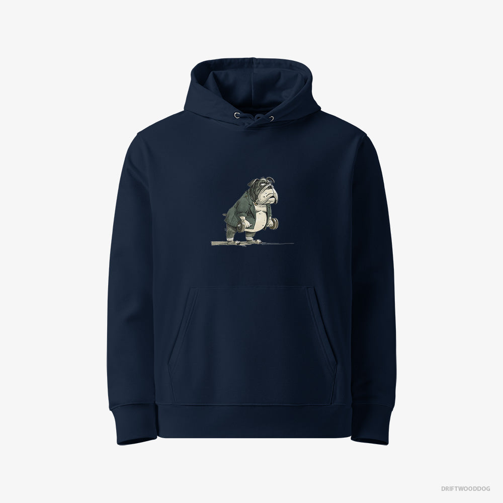 Bulldog Working Out with Dumbbells – Women's Hoodie Navy Eco – Eco-Friendly