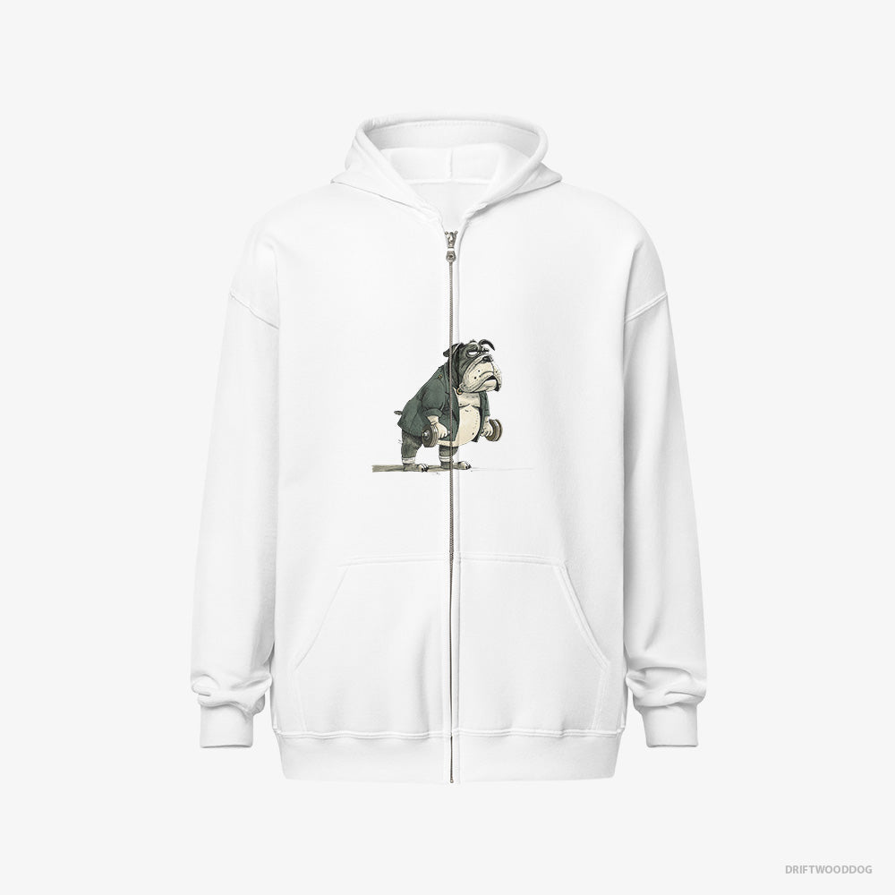 Bulldog Hoodie – Men White Hoodie Full-Zip – Working Out with Dumbbells (on White Background)