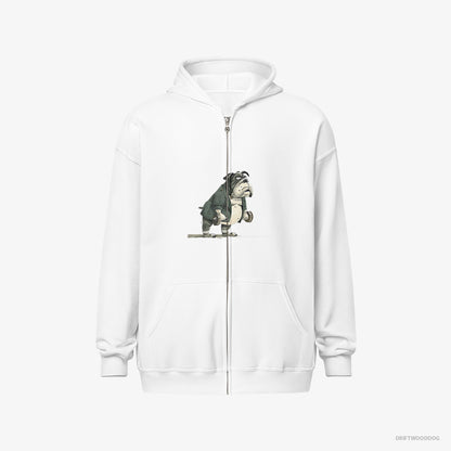 Bulldog Hoodie – Men White Hoodie Full-Zip – Working Out with Dumbbells (on White Background)