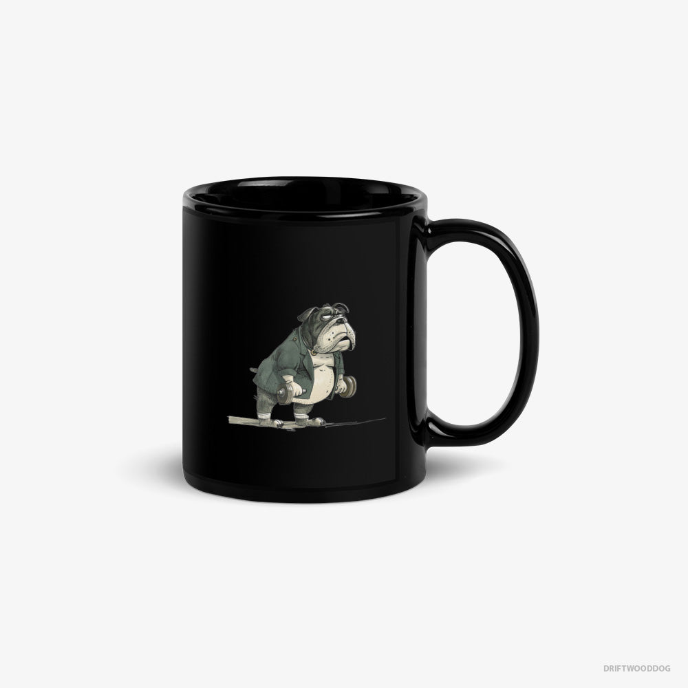 Bulldog Mug – Unisex Black Mug Classic – Working Out with Dumbbells (on White Background)