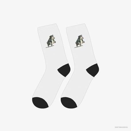 Bulldog Socks – Unisex White Socks Classic – Working Out with Dumbbells (on White Background)