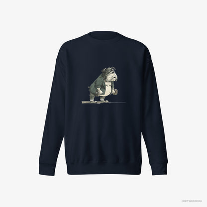 Bulldog Sweatshirt – Men Navy Sweatshirt Eco-Friendly – Working Out with Dumbbells (on White Background)