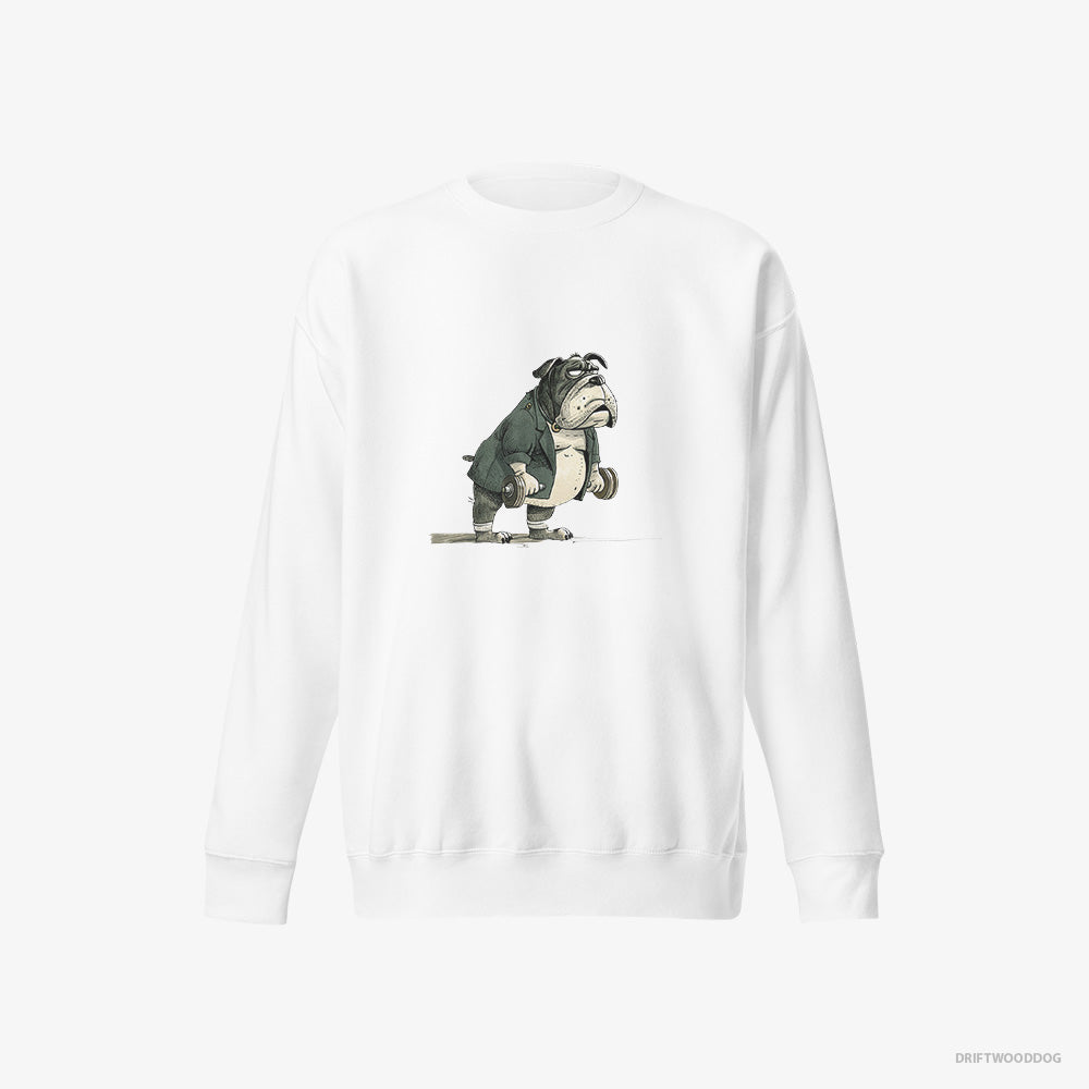 Bulldog Sweatshirt – Men White Sweatshirt Eco-Friendly – Working Out with Dumbbells (on White Background)