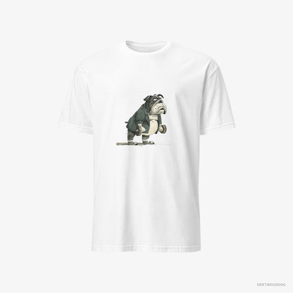 Bulldog T-Shirt – Men White T-Shirt Classic – Working Out with Dumbbells (on White Background)