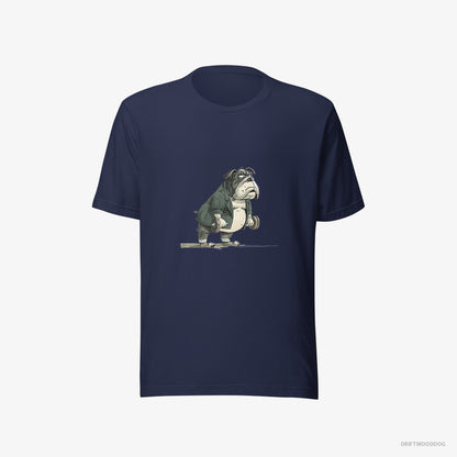 Bulldog T-Shirt – Men Navy T-Shirt Eco-Friendly – Working Out with Dumbbells (on White Background)