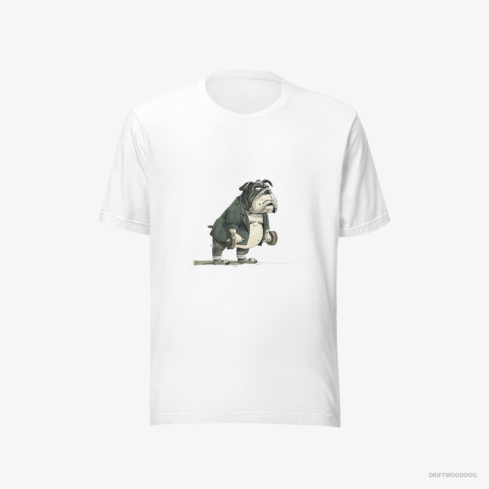 Bulldog T-Shirt – Men White T-Shirt Eco-Friendly – Working Out with Dumbbells (on White Background)