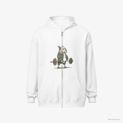 Bulldog Hoodie – Women White Hoodie Full-Zip – Ready to Lift (on White Background)