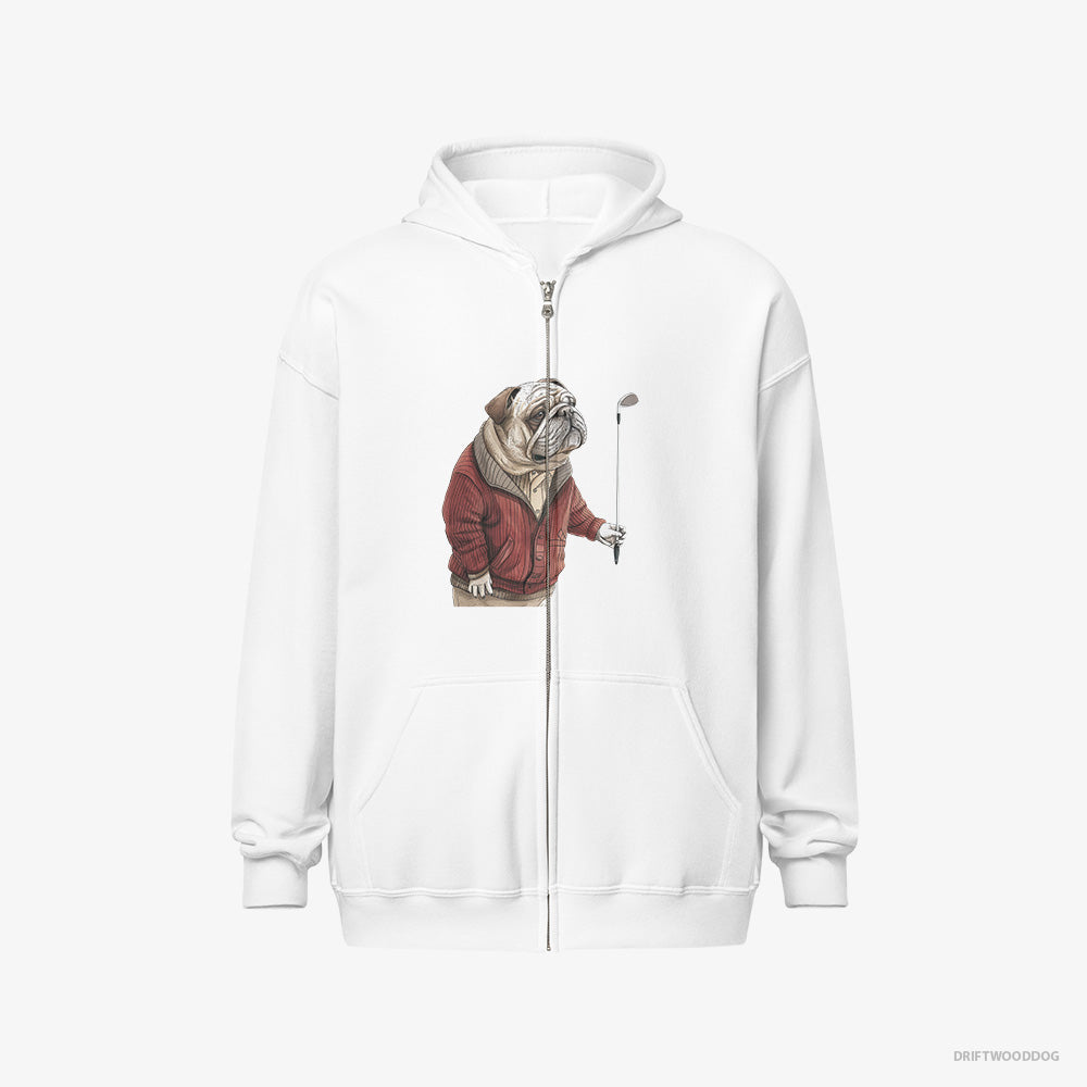 Bulldog Hoodie – Women White Hoodie Full-Zip – in Golf Mode (on White Background)