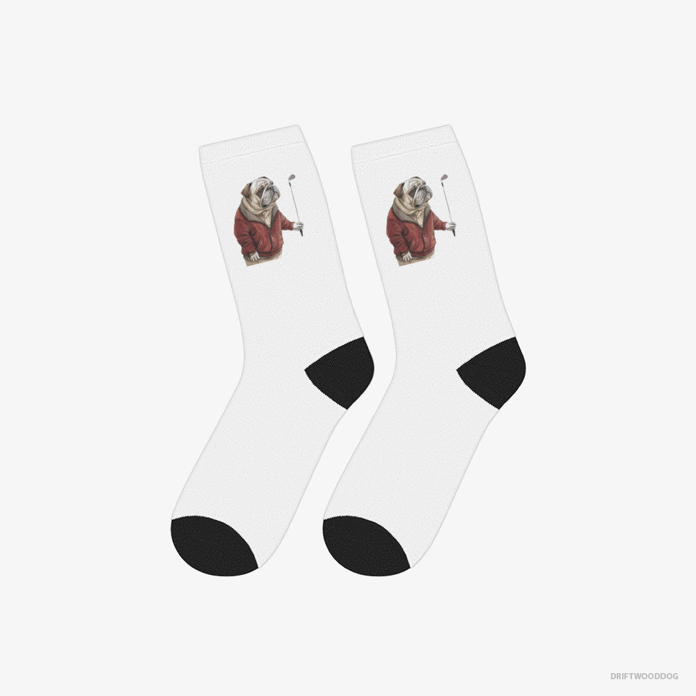 Bulldog Socks – Unisex White Socks Classic – in Golf Mode (on White Background)