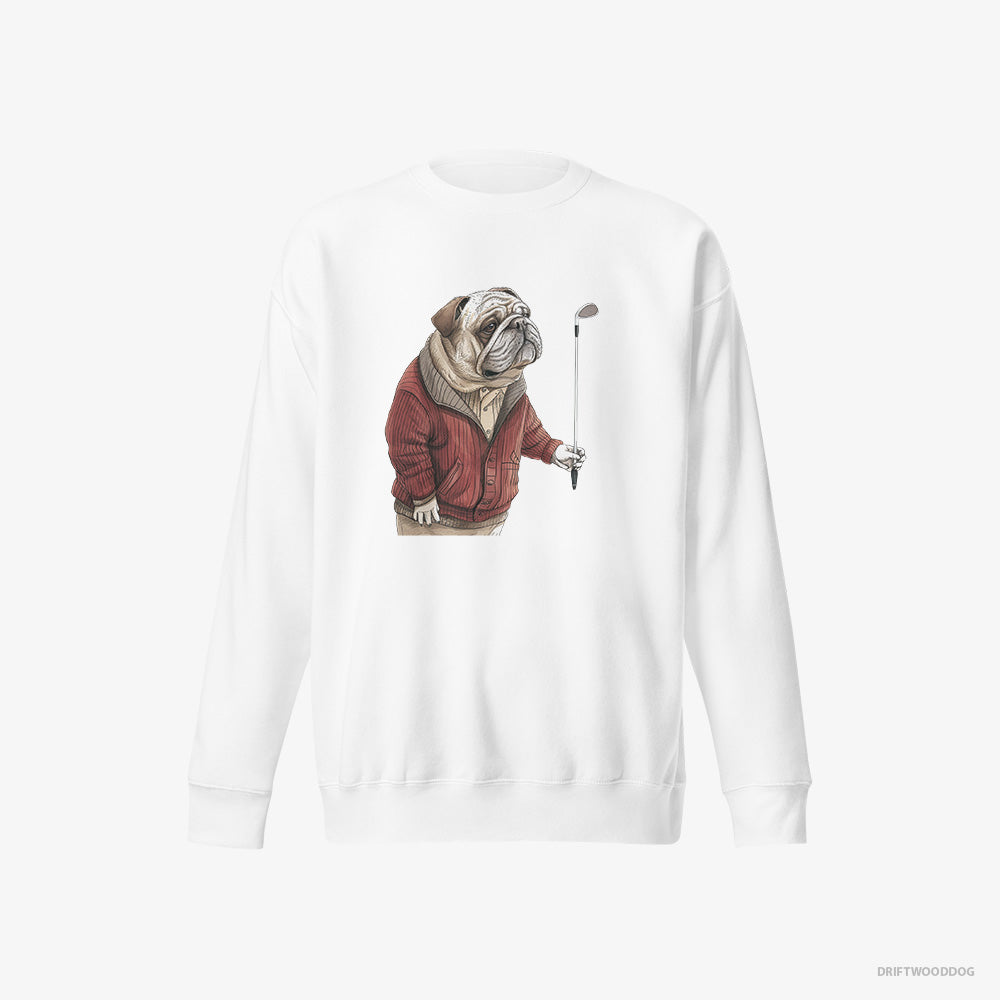 Bulldog Sweatshirt – Men White Sweatshirt Eco-Friendly – in Golf Mode (on White Background)