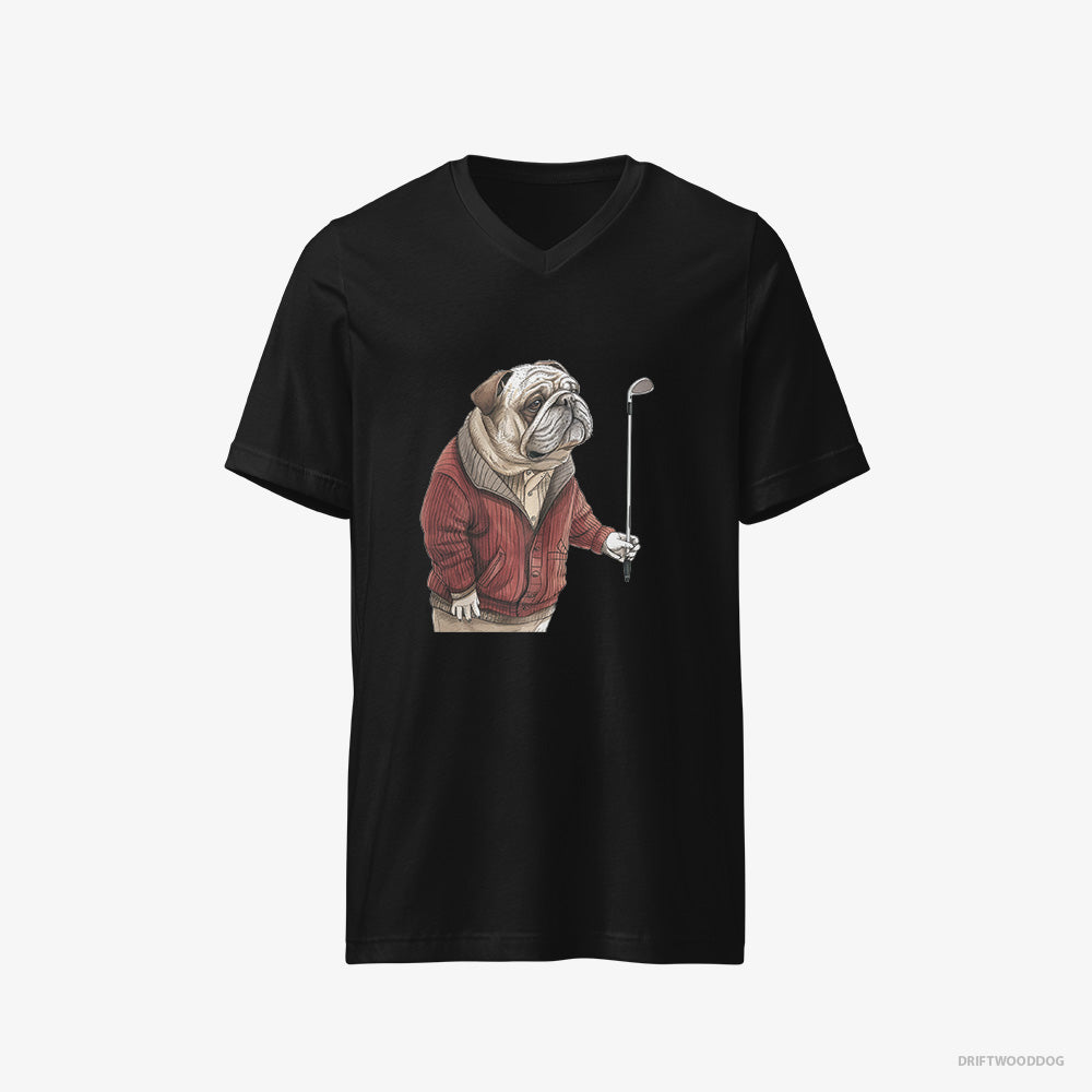 Bulldog T-Shirt – Men Black T-Shirt V-Neck – in Golf Mode (on White Background)