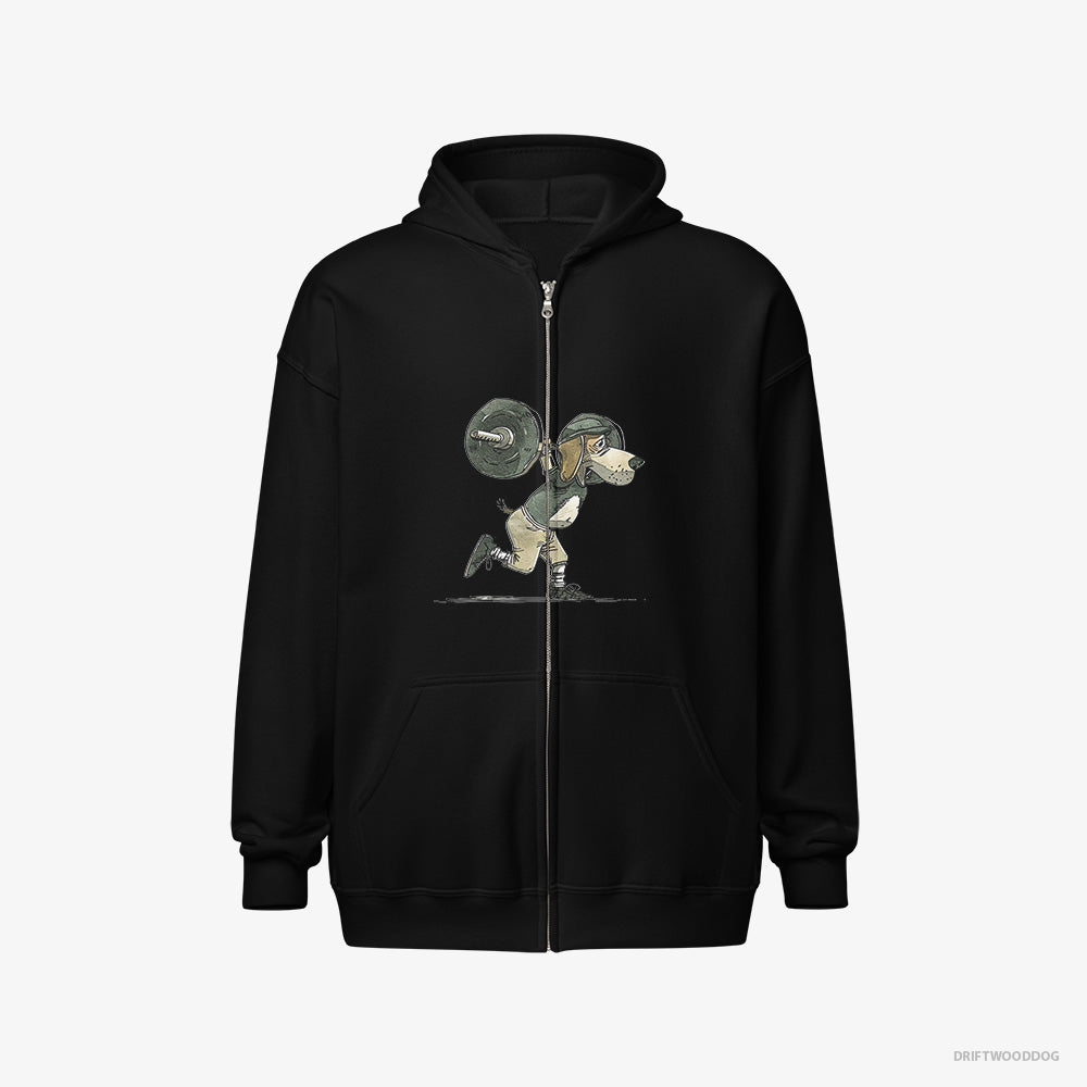 Beagle Hoodie – Women Black Hoodie Full-Zip – Killing It at the Gym (on White Background)