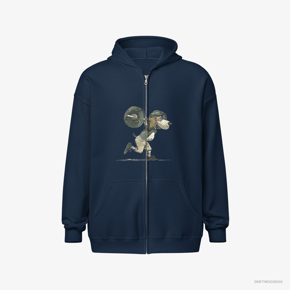 Beagle Hoodie – Women Navy Hoodie Full-Zip – Killing It at the Gym (on White Background)