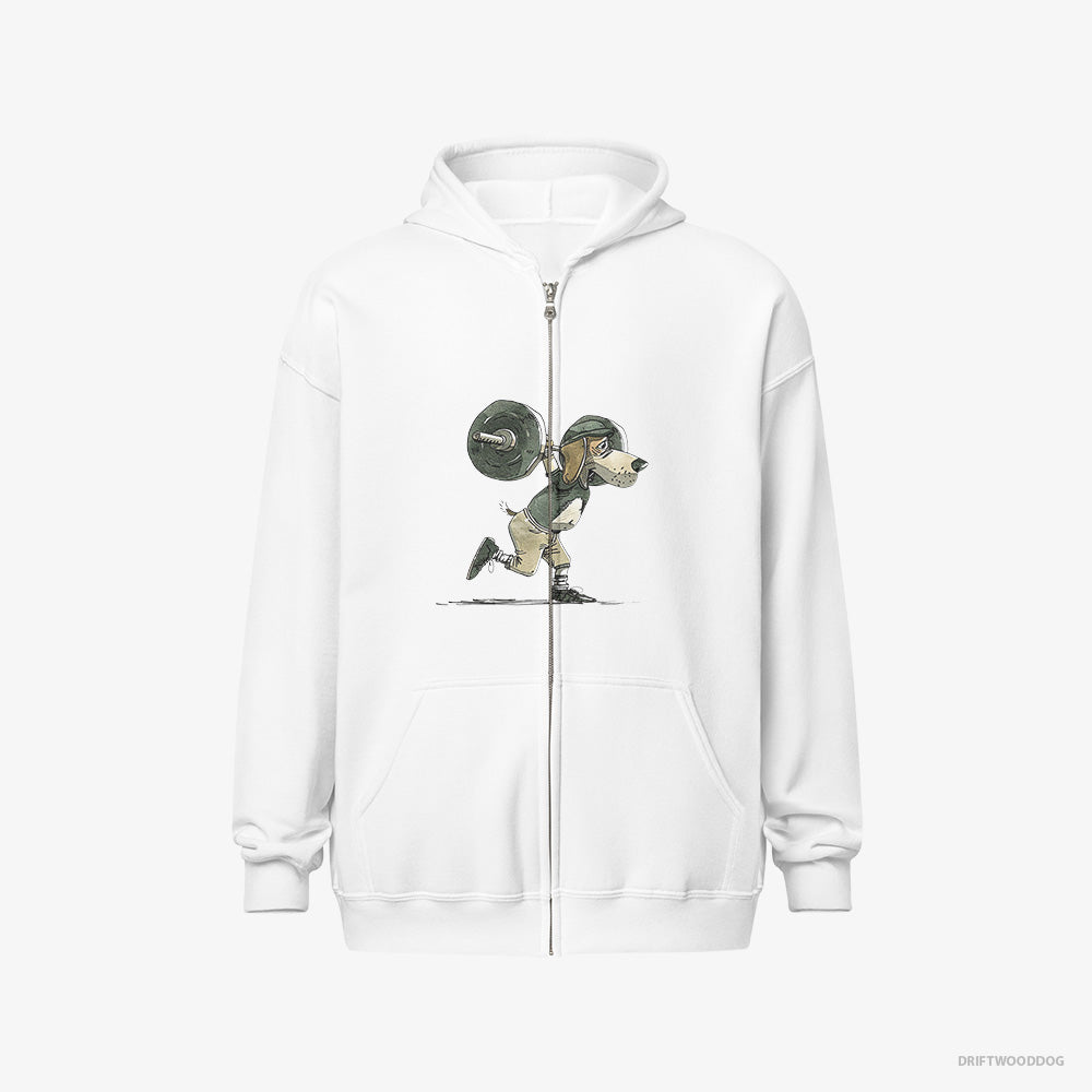 Beagle Hoodie – Women White Hoodie Full-Zip – Killing It at the Gym (on White Background)