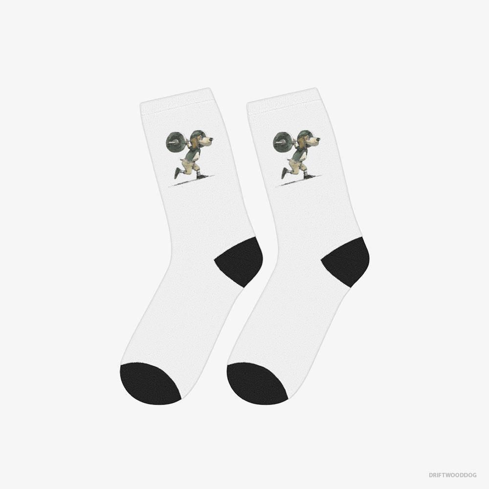 Beagle Socks – Unisex White Socks Classic – Killing It at the Gym (on White Background)