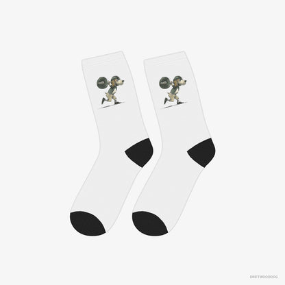 Beagle Socks – Unisex White Socks Eco-Friendly – Killing It at the Gym (on White Background)