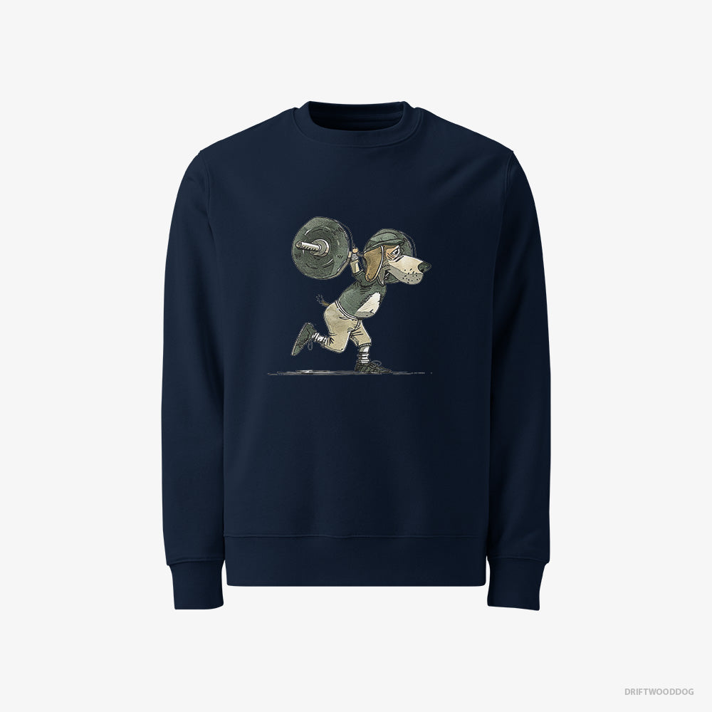 Beagle Sweatshirt – Women Navy Sweatshirt Classic – Killing It at the Gym (on White Background)