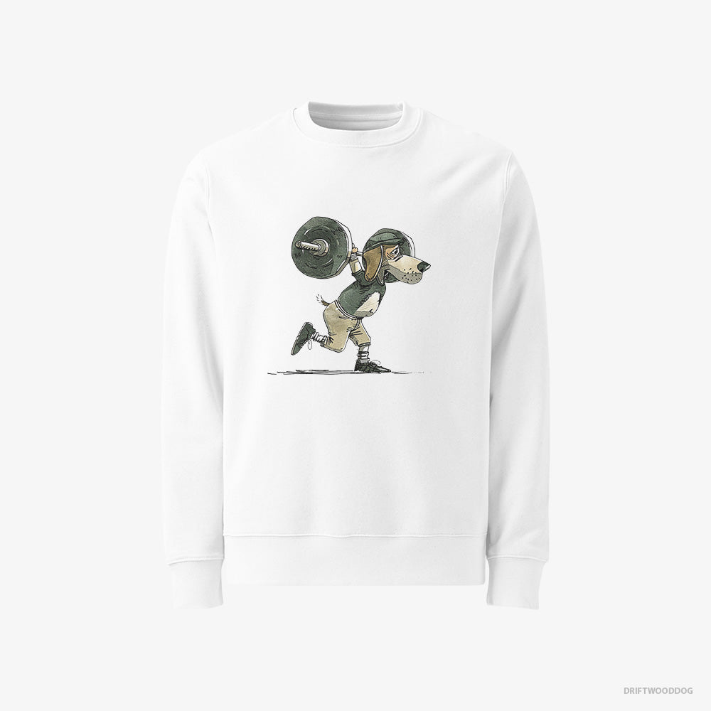 Beagle Sweatshirt – Women White Sweatshirt Classic – Killing It at the Gym (on White Background)