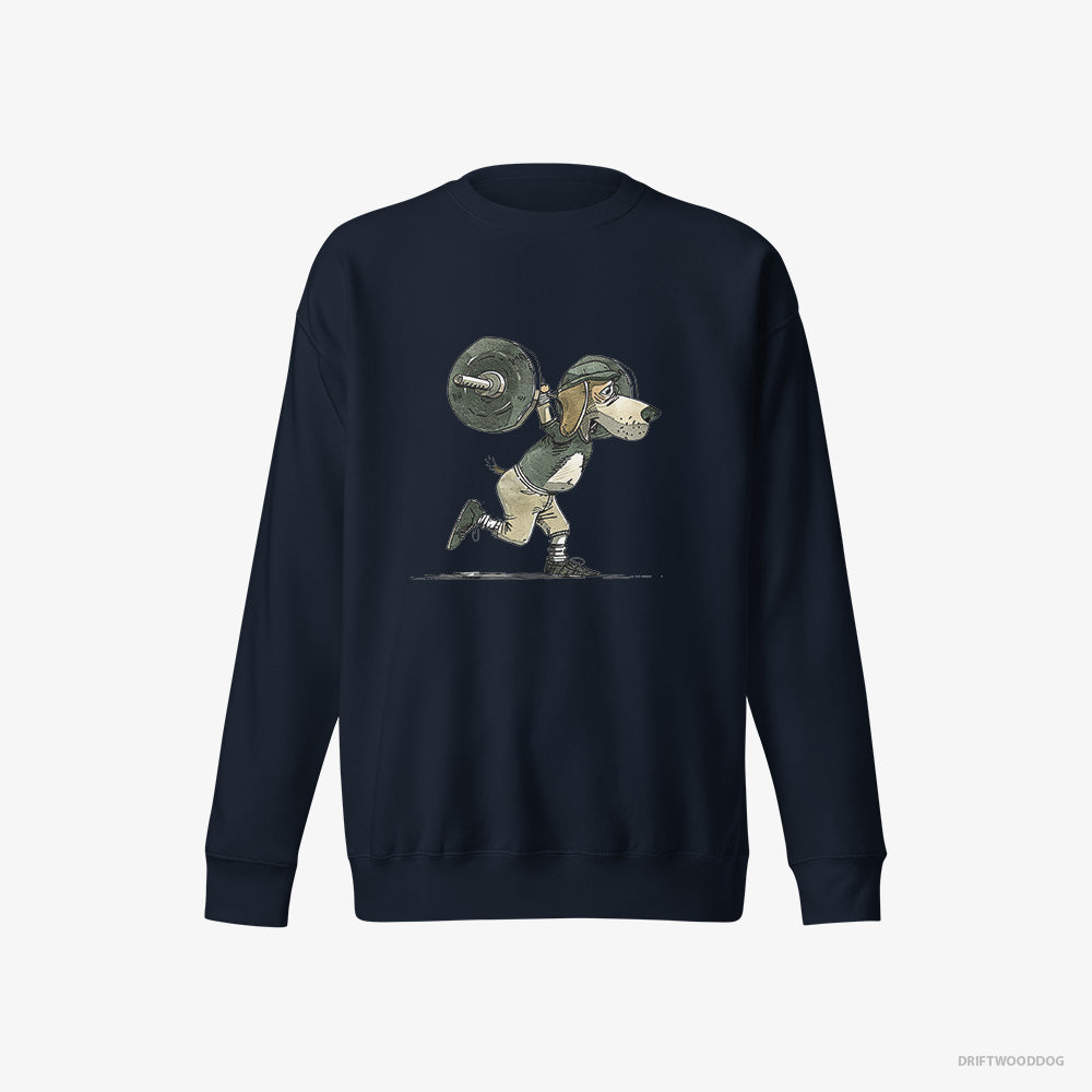 Beagle Sweatshirt – Women Navy Sweatshirt Eco-Friendly – Killing It at the Gym (on White Background)