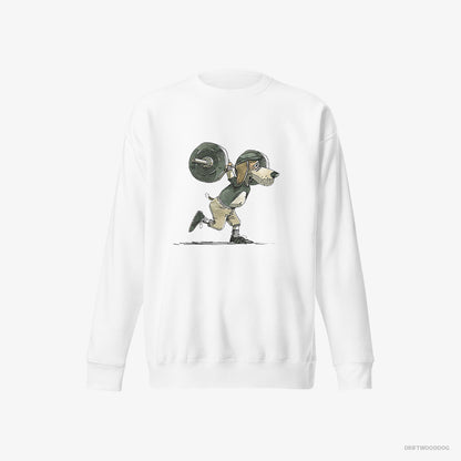 Beagle Sweatshirt – Women White Sweatshirt Eco-Friendly – Killing It at the Gym (on White Background)