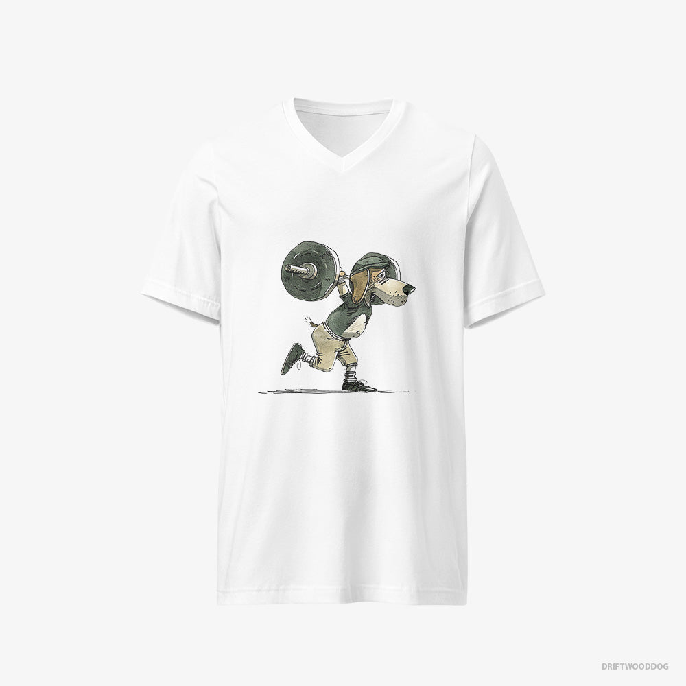 Beagle T-Shirt – Women White T-Shirt V-Neck – Killing It at the Gym (on White Background)