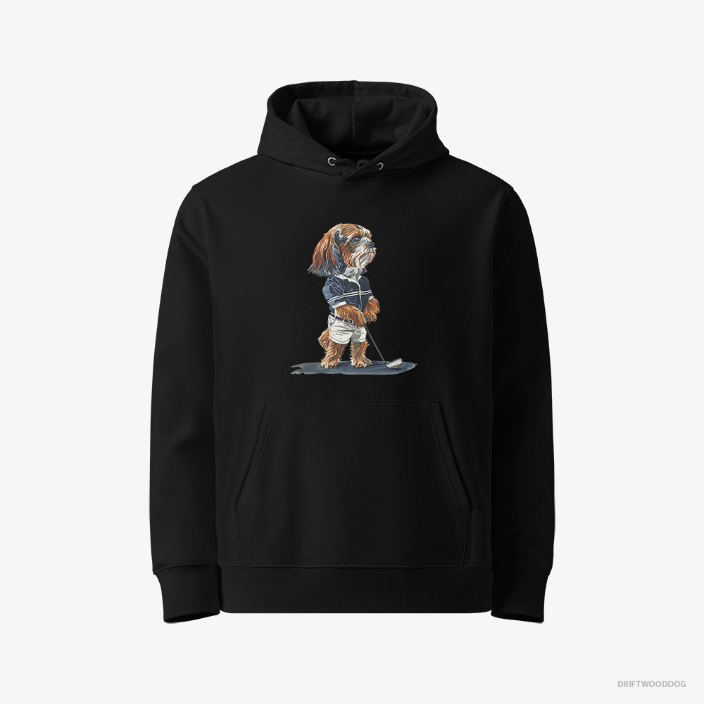 Beagle Hoodie – Women Black Hoodie Eco-Friendly – Practicing the Perfect Putt (on White Background)