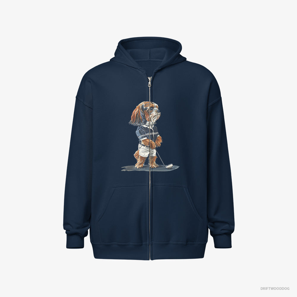 Beagle Hoodie – Women Navy Hoodie Full-Zip – Practicing the Perfect Putt (on White Background)